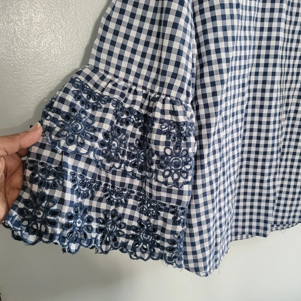 JENNIFER AND GRACE Blue Gingham Blouse Sz M Bell Sleeves Boho Cotton Blend - Picture 4 of 8